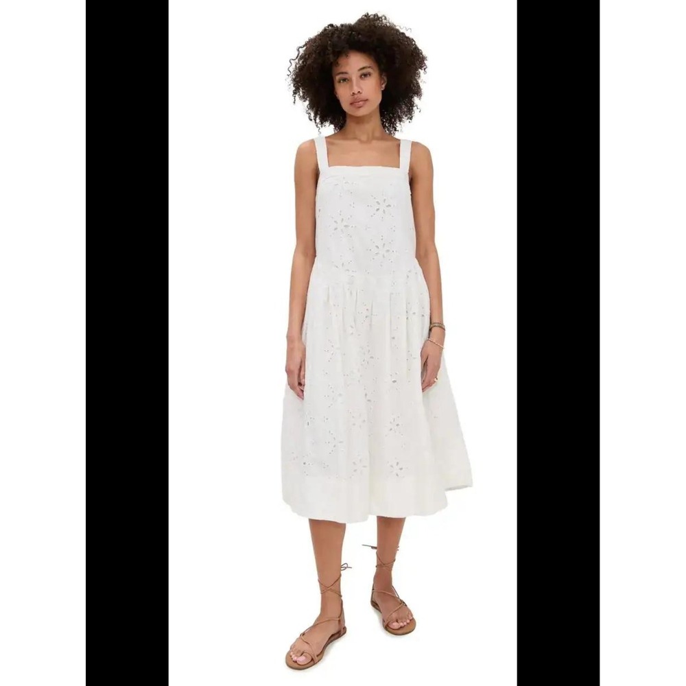 Free People Primavera Eyelet Lace Midi Dress XS White Boho Square Neck Tie Back